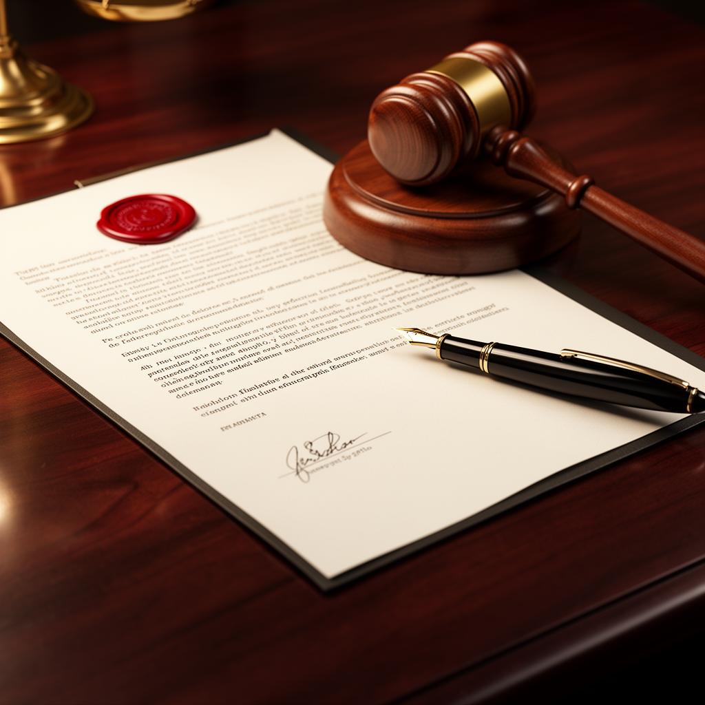 Documento legale con timbro ufficiale e martelletto del tribunale